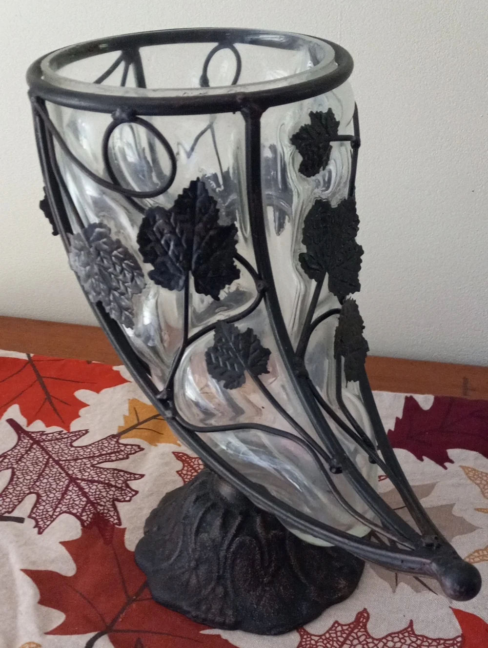 Caged Glass & Wrought Iron Cornucopia Horn of Plenty Fall Centerpiece Vase